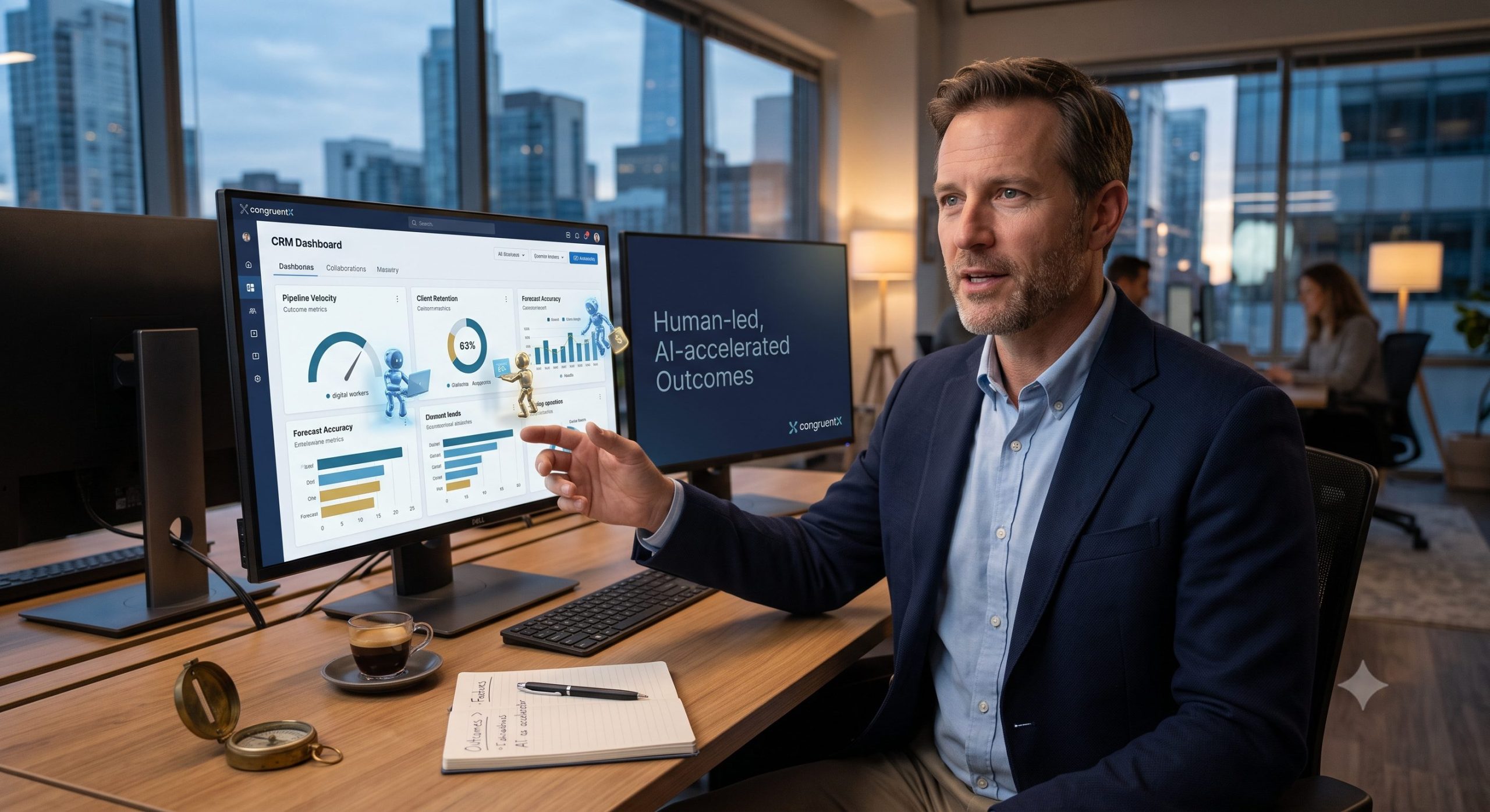 A professional pointing to a modern CRM dashboard, demonstrating how digital workers and active agents track measurable outcomes like pipeline velocity. A secondary monitor displays the congruentX philosophy: Human-led, AI-accelerated Outcomes.