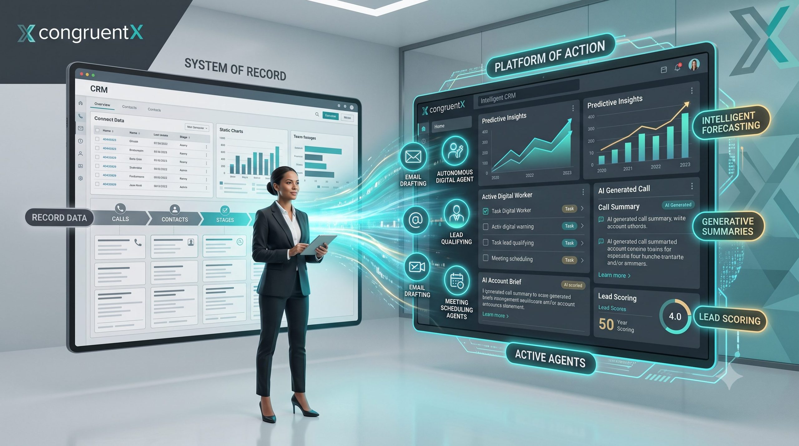 A professional woman stands between two large digital screens, illustrating the transition of data from a traditional CRM System of Record to a futuristic, AI-powered congruentX Platform of Action.
