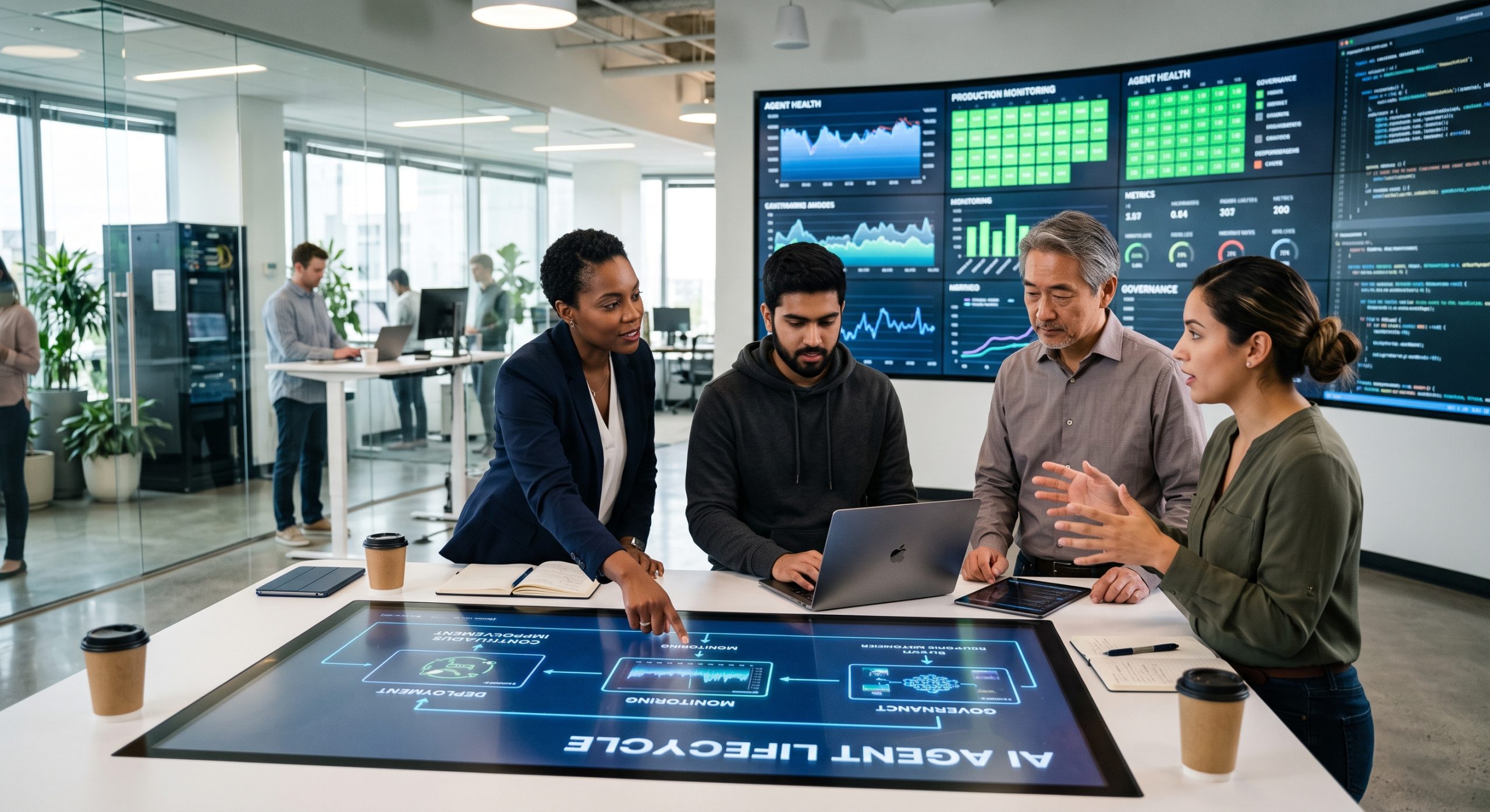 A diverse team of four professionals collaborates around a large interactive touch table displaying an 'AI Agent Lifecycle' diagram. A woman in a blazer points to the screen while colleagues work on a laptop and look at data, with large monitoring screens in the background.