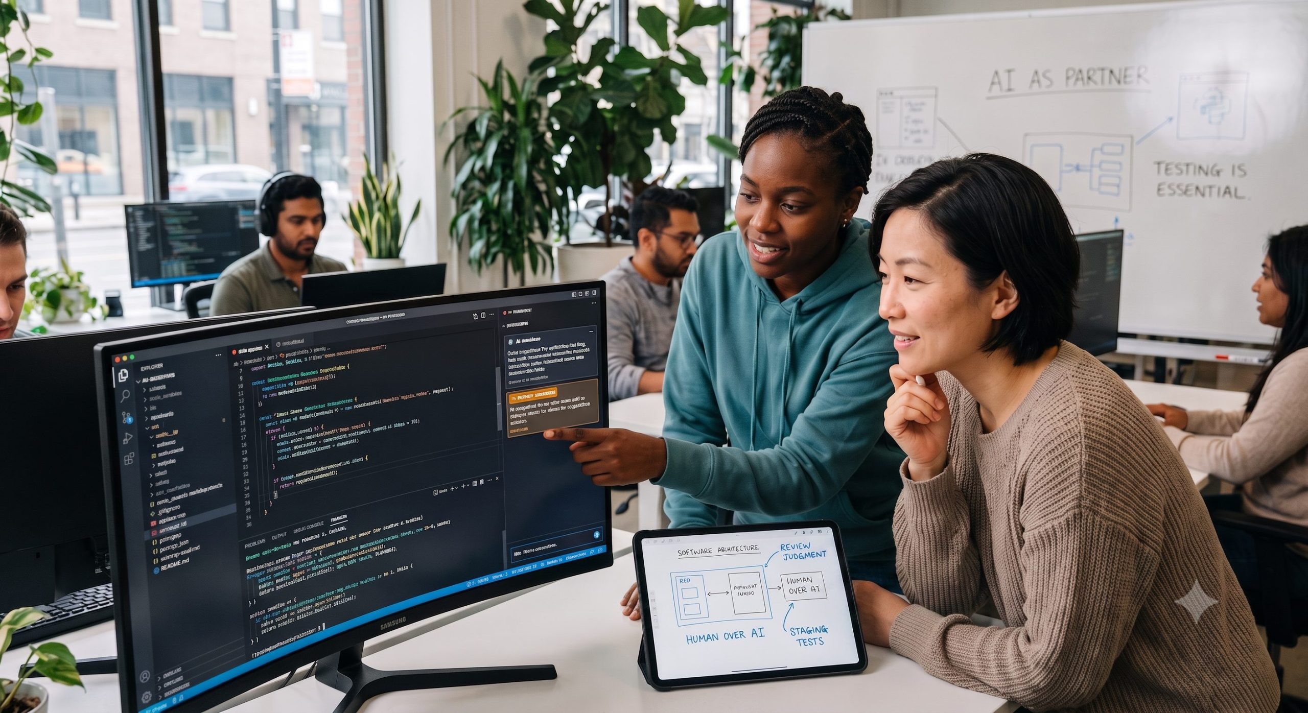 Two female software engineers collaborating at a desk in a modern office. One points to code on a large computer monitor, while the other holds a stylus over a digital tablet displaying a software architecture diagram. A whiteboard in the background reads "AI AS PARTNER".